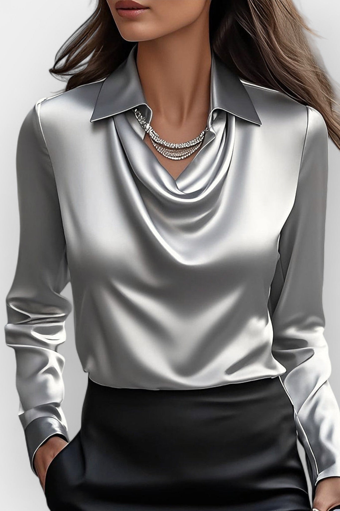 Collared Drape Neck Blouse in Lightweight Weave for Office and Evening | Women's Long Sleeve Smart Top with Elegant Neckline Detail | Koossa
