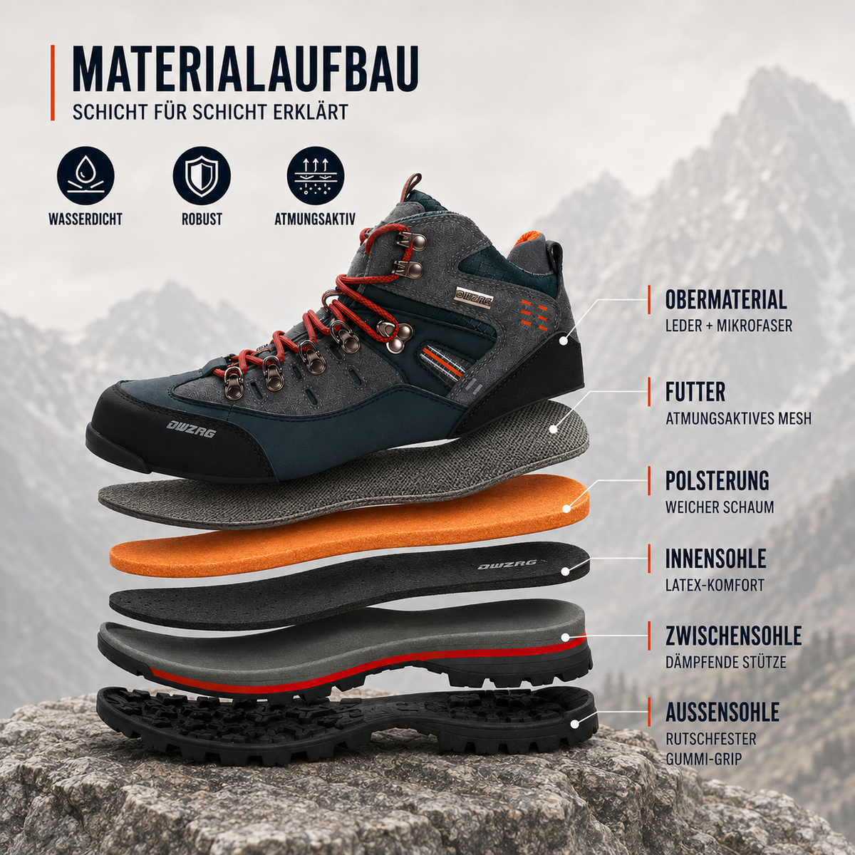 Men's Waterproof Hiking Boots, Mid-Ankle Non-Slip Rubber Sole Trekking Shoes for Winter Trail Walking, Mountain & Outdoor Use | Lonoma