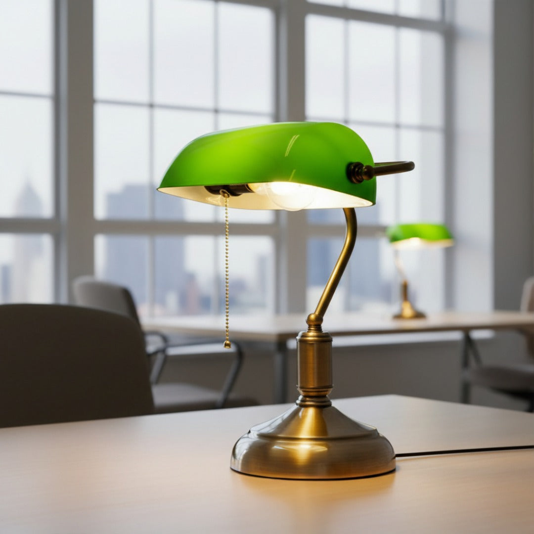 Lampe de bureau classique à abat-jour blanc pivotant et pied en laiton antique style banquier rétro élégant | Koossa