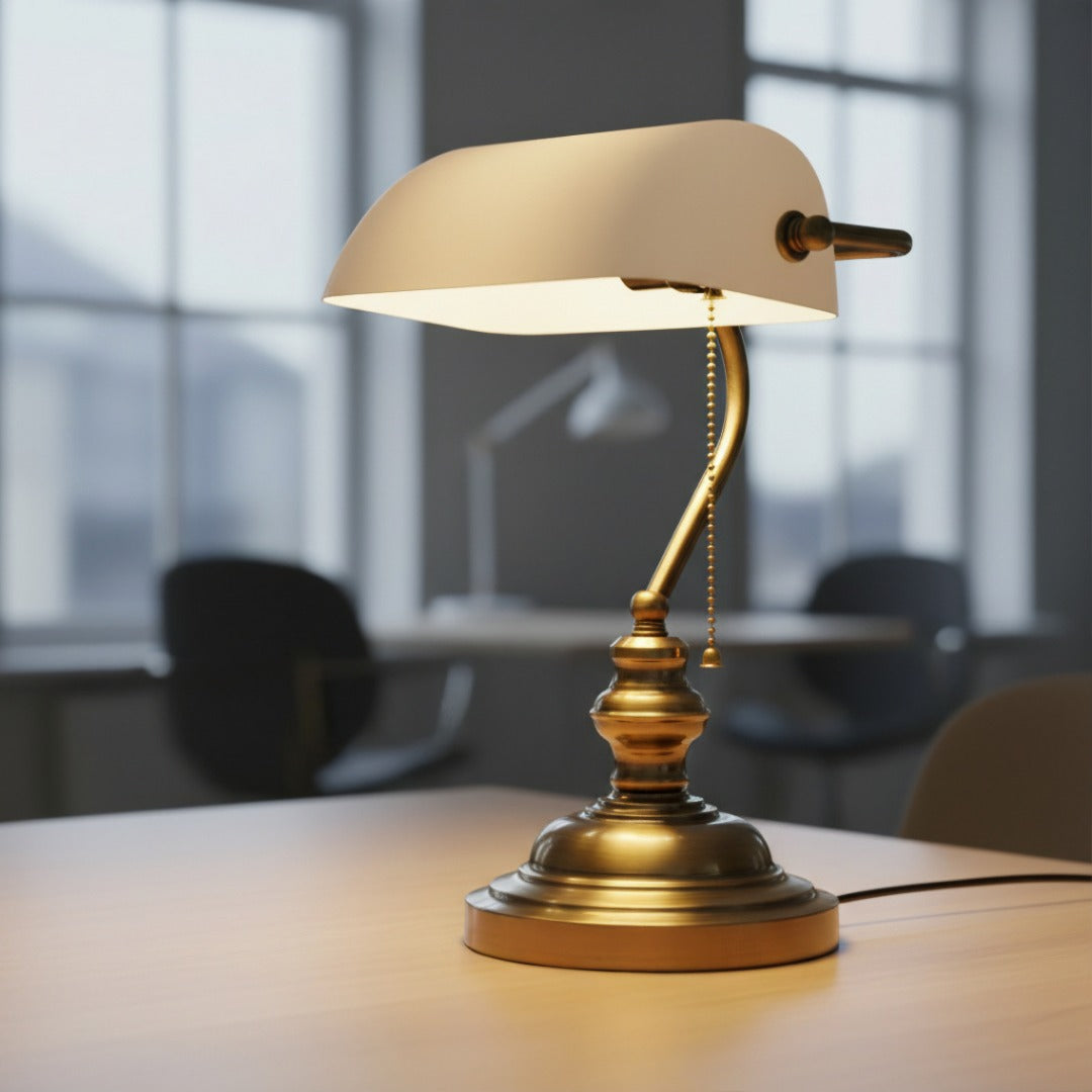 Lampe de bureau classique à abat-jour blanc pivotant et pied en laiton antique style banquier rétro élégant | Koossa
