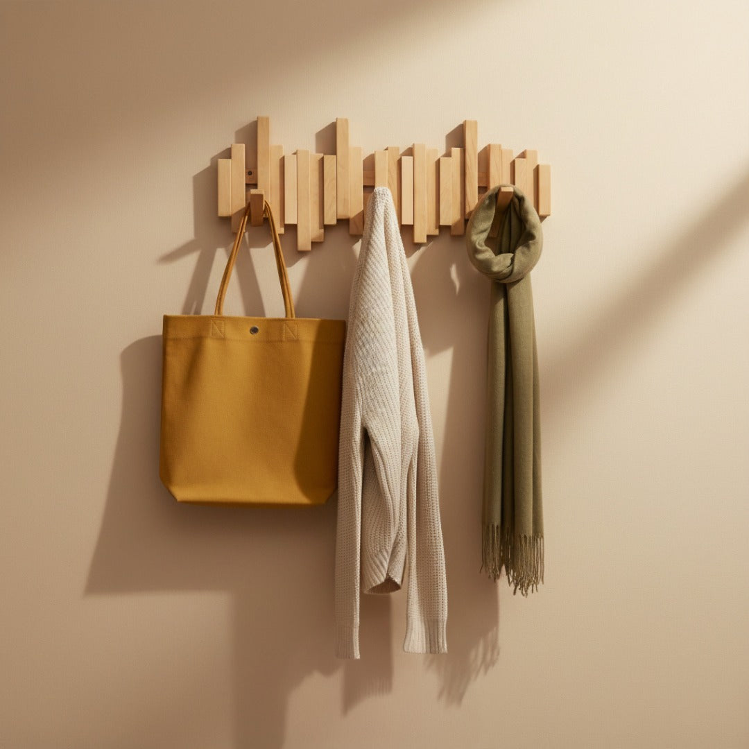 Patère murale en bois massif à crochets escamotables design touche de piano pour entrée chambre couloir | Koossa