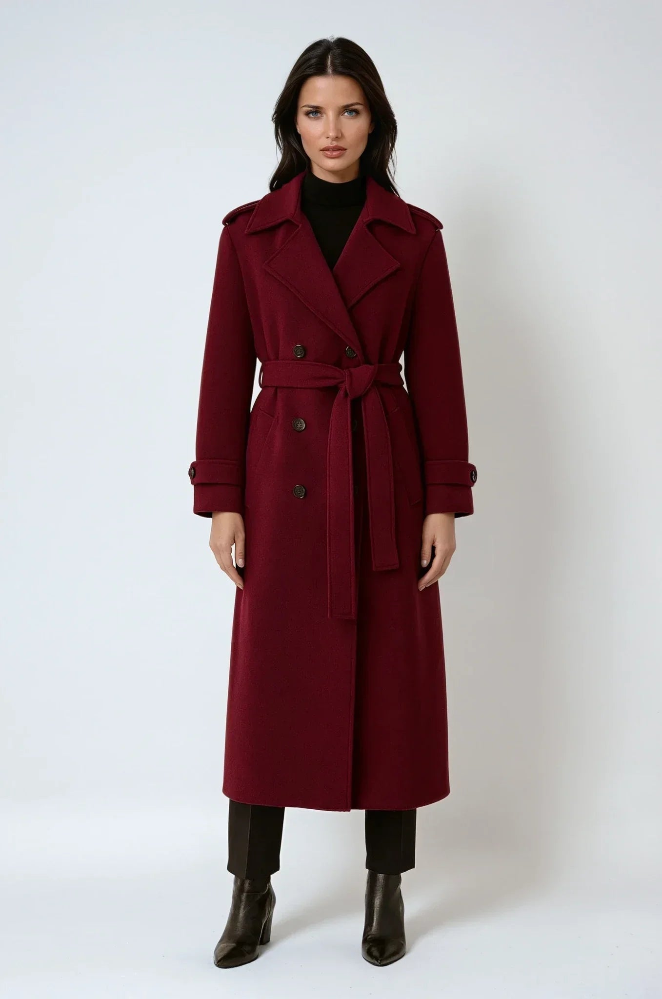 Red Wool Trench Coat for Women | Long Double Breasted with Belt | Structured Outerwear for Autumn Winter | Timeless Tailored Overcoat | Koossa