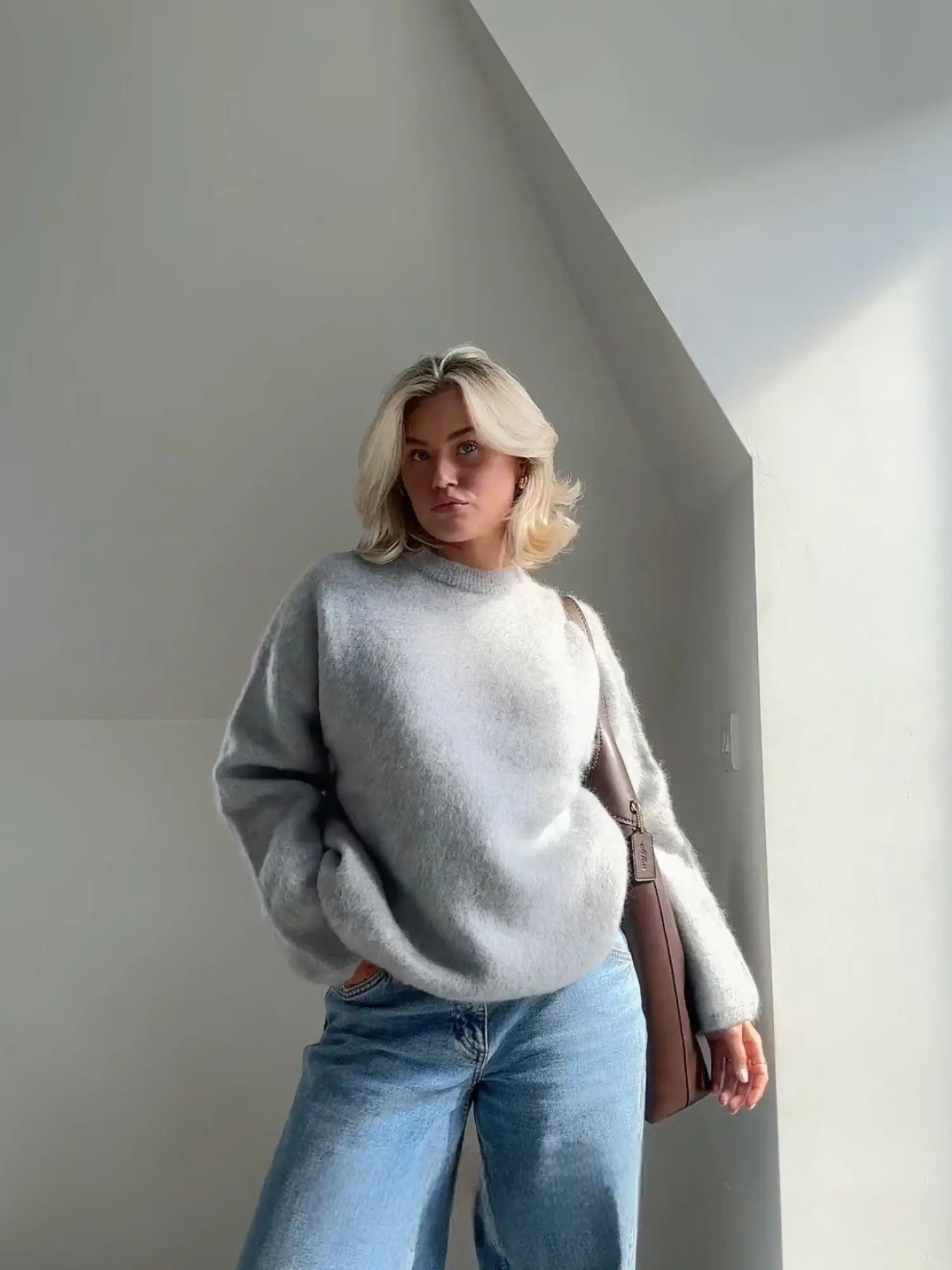 Women's Textured Knit Jumper in Wine Red, Cream & Grey – Relaxed Fit Crew Neck Pullover for Autumn & Winter | Koossa