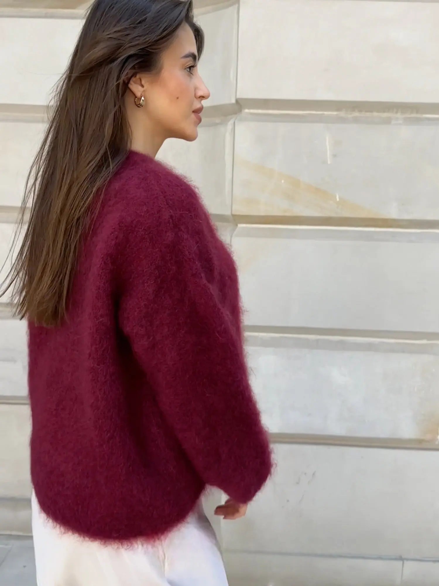 Women's Textured Knit Jumper in Wine Red, Cream & Grey – Relaxed Fit Crew Neck Pullover for Autumn & Winter | Koossa