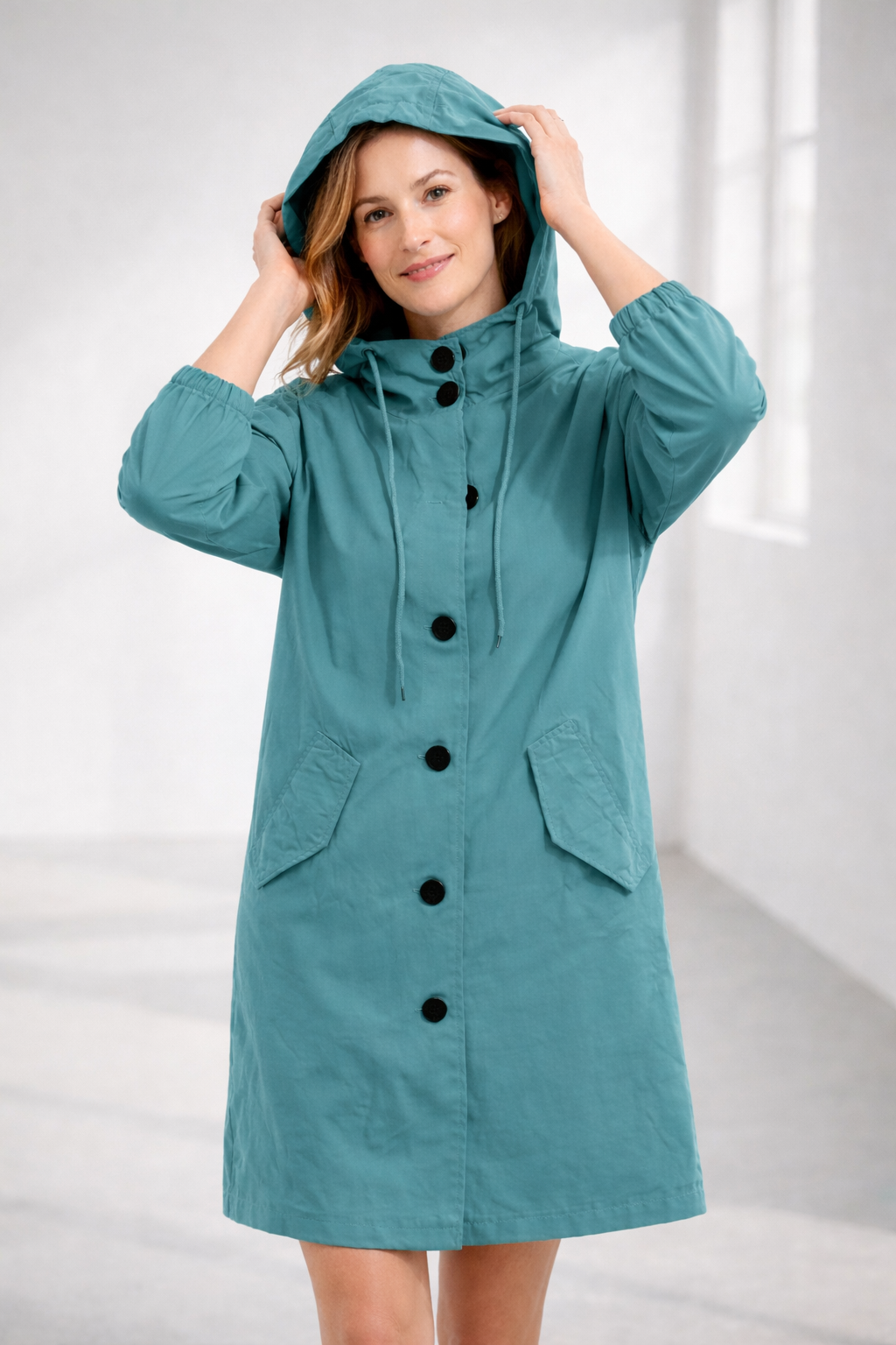 Women's Mid-Length Hooded Jacket — Relaxed Fit Button-Front Coat for Everyday & Transitional Weather | Koossa