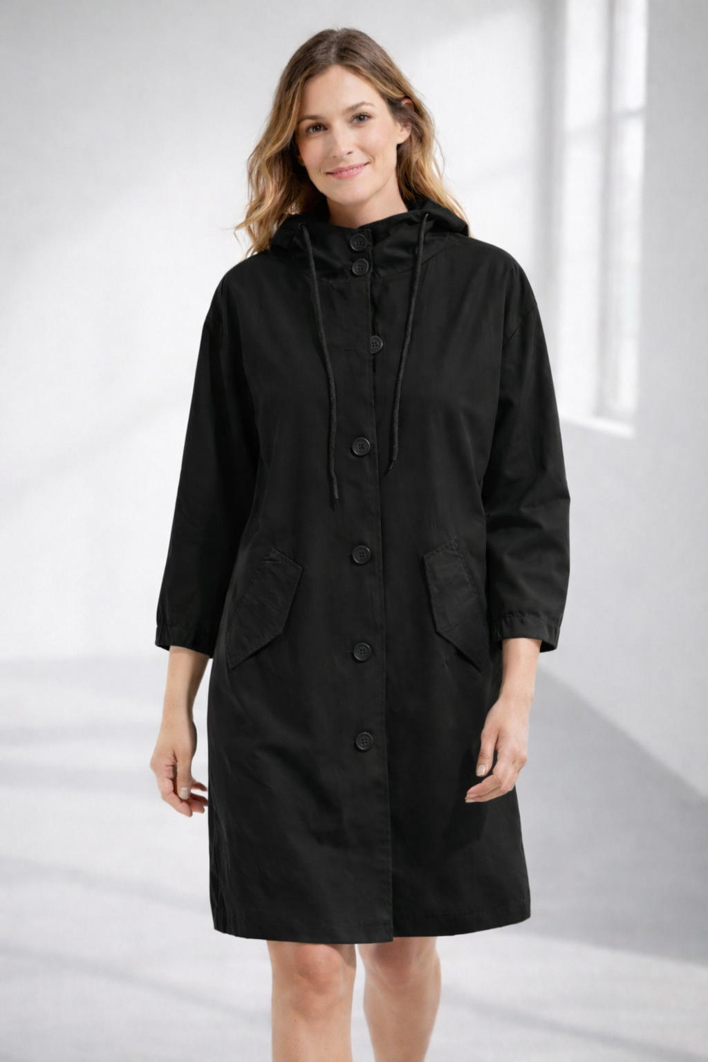 Women's Mid-Length Hooded Jacket — Relaxed Fit Button-Front Coat for Everyday & Transitional Weather | Koossa