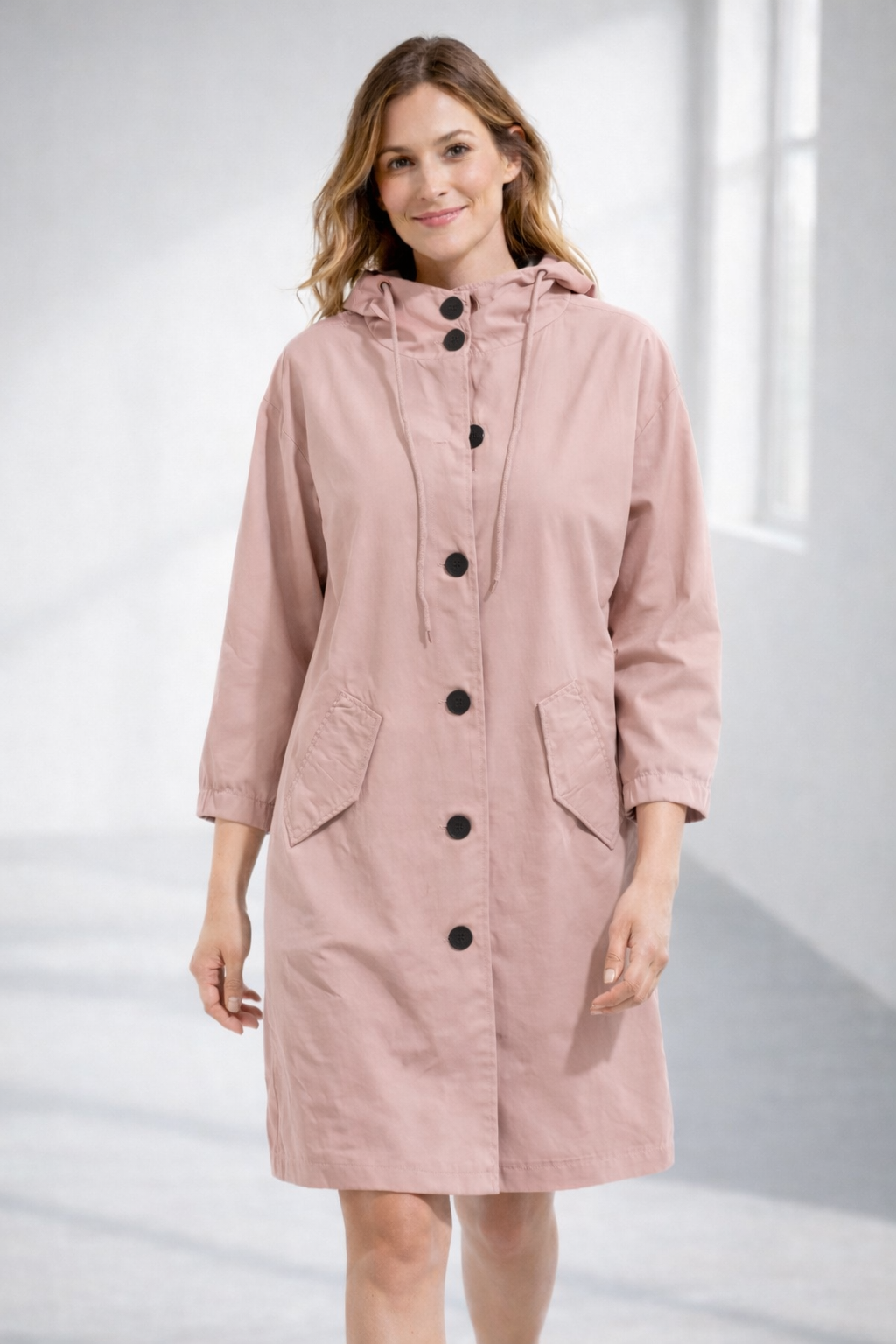 Women's Mid-Length Hooded Jacket — Relaxed Fit Button-Front Coat for Everyday & Transitional Weather | Koossa