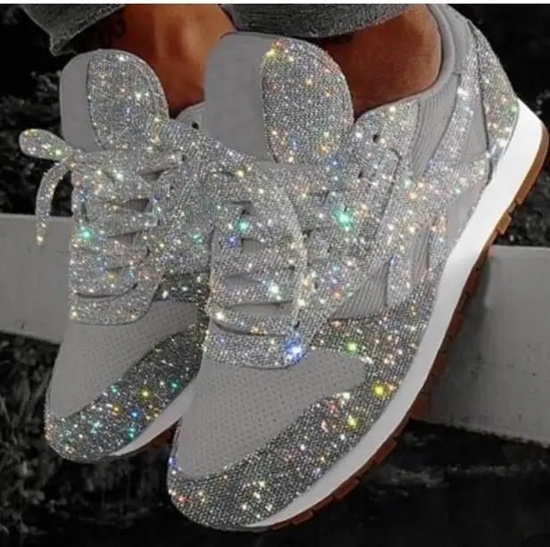 Women's Glitter Rhinestone Trainers — Lace-Up Sneakers for Casual Glamour & Weekend Style | Koossa