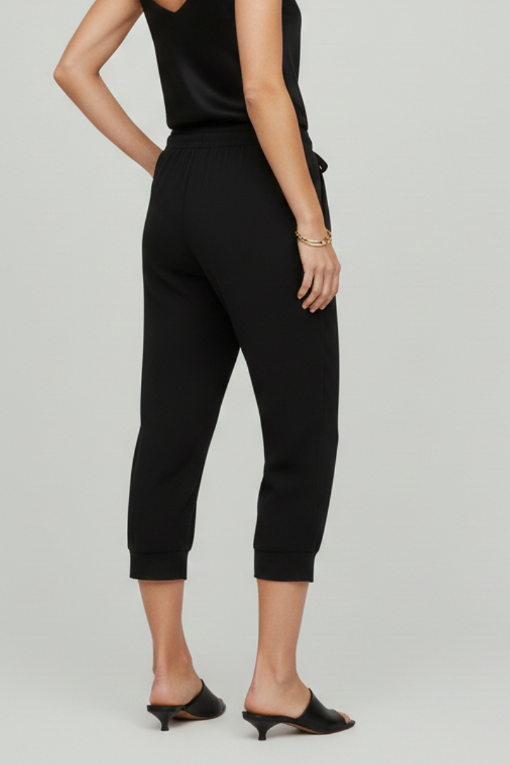 Women's Cropped Pull-On Trousers with Adjustable Drawstring in Black | Relaxed Summer Fit | Side Pocket Detail | Casual Weekend Styling | Koossa