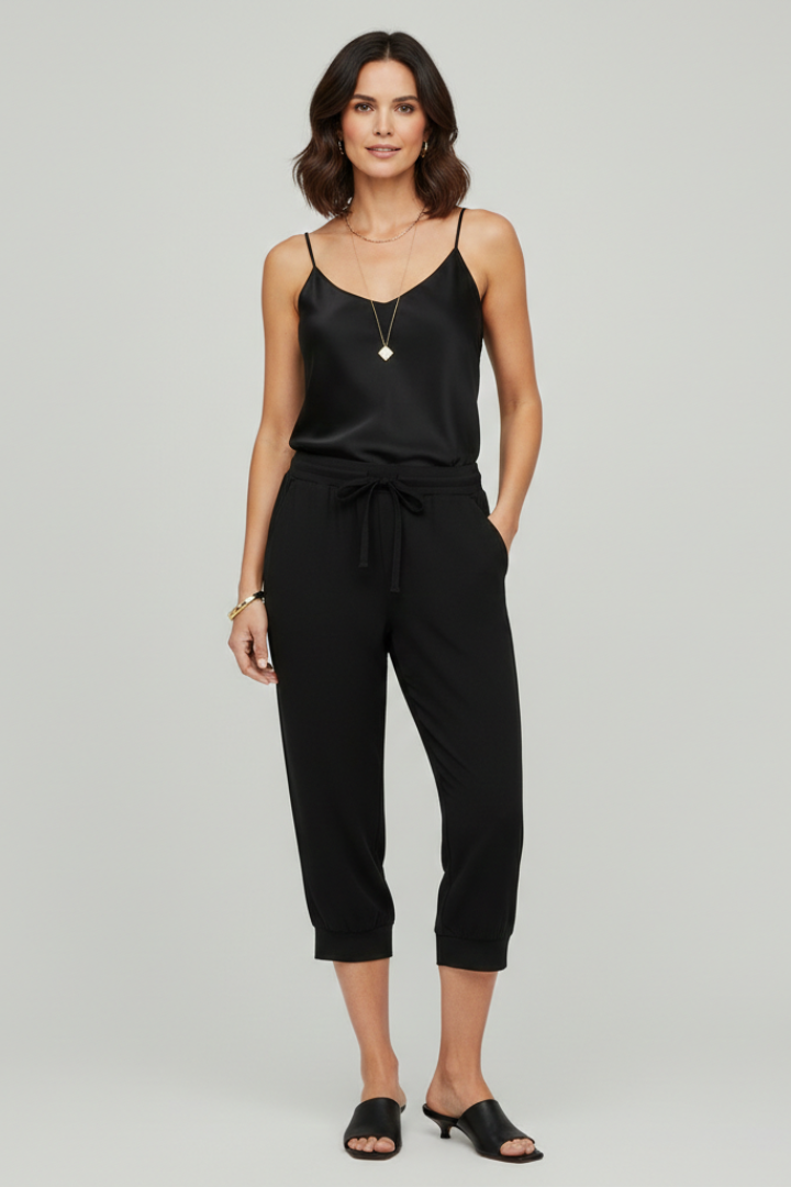 Women's Cropped Pull-On Trousers with Adjustable Drawstring in Black | Relaxed Summer Fit | Side Pocket Detail | Casual Weekend Styling | Koossa