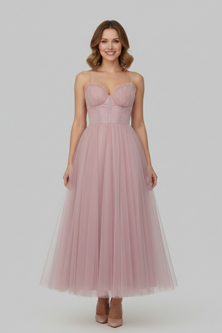 Women's Strapless Layered Tulle Maxi Dress in Pink, Black & Brown – Romantic Evening Gown for Weddings, Garden Parties & Summer Celebrations | Koossa