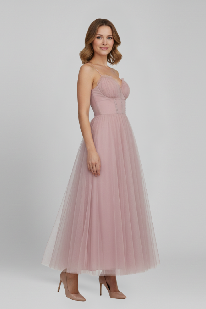 Women's Strapless Layered Tulle Maxi Dress in Pink, Black & Brown – Romantic Evening Gown for Weddings, Garden Parties & Summer Celebrations | Koossa