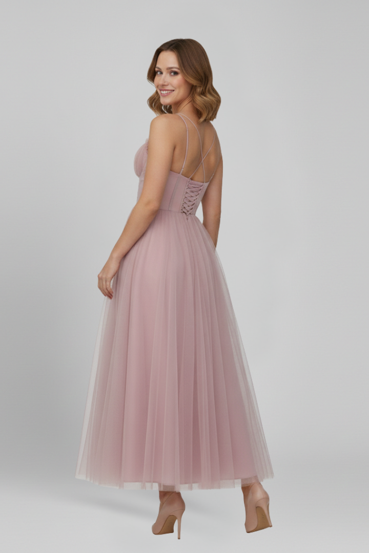 Women's Strapless Layered Tulle Maxi Dress in Pink, Black & Brown – Romantic Evening Gown for Weddings, Garden Parties & Summer Celebrations | Koossa