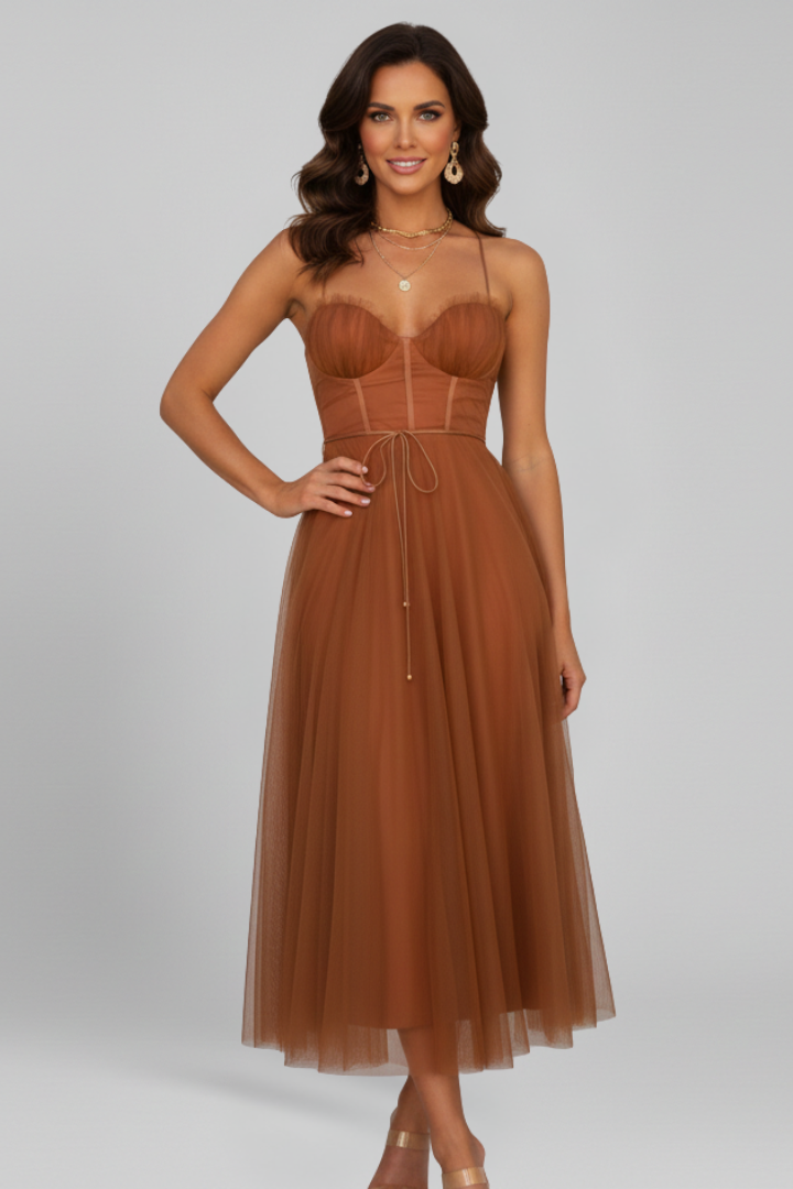 Women's Strapless Layered Tulle Maxi Dress in Pink, Black & Brown – Romantic Evening Gown for Weddings, Garden Parties & Summer Celebrations | Koossa