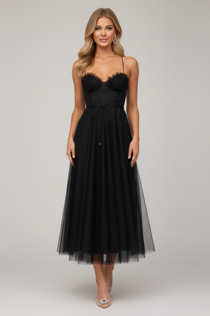 Women's Strapless Layered Tulle Maxi Dress in Pink, Black & Brown – Romantic Evening Gown for Weddings, Garden Parties & Summer Celebrations | Koossa