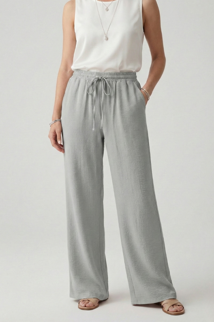 Women's Wide-Leg Palazzo Trousers with Drawstring Waist and Pockets – Lightweight Summer Trousers for Effortless Everyday Elegance | Koossa