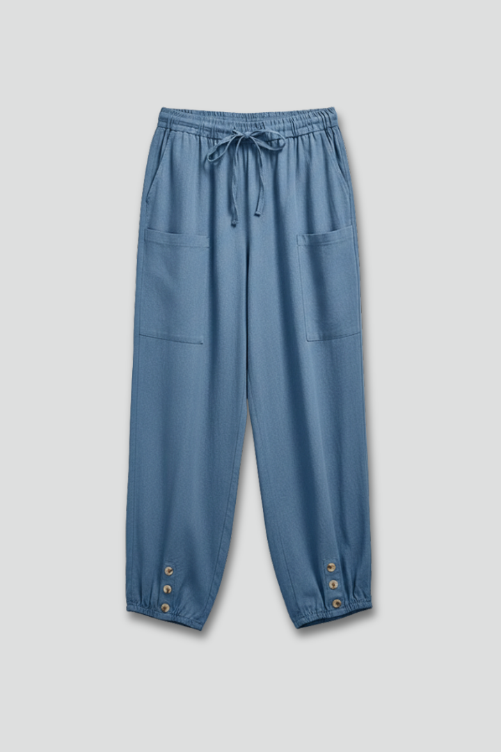 Women's Straight-Leg Drawstring Trousers with Button Hem Detail in Seven Versatile Colours for Effortless Warm-Weather Styling | Koossa