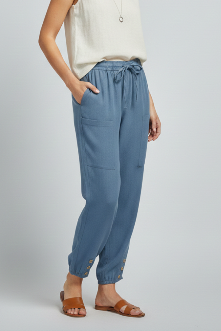 Women's Straight-Leg Drawstring Trousers with Button Hem Detail in Seven Versatile Colours for Effortless Warm-Weather Styling | Koossa