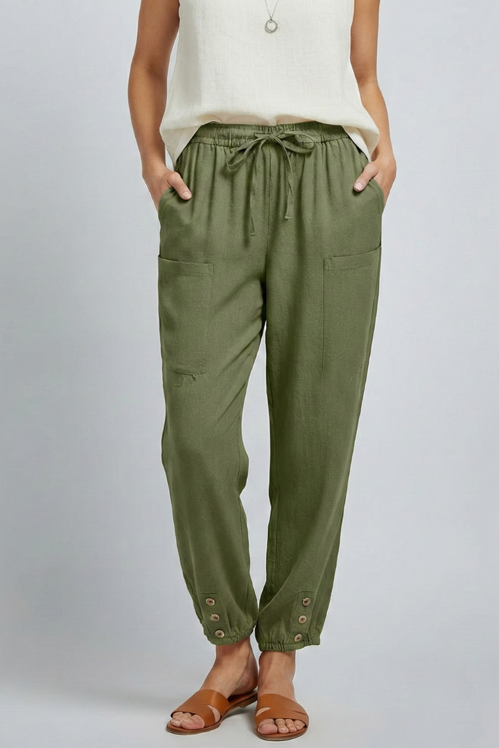 Women's Straight-Leg Drawstring Trousers with Button Hem Detail in Seven Versatile Colours for Effortless Warm-Weather Styling | Koossa