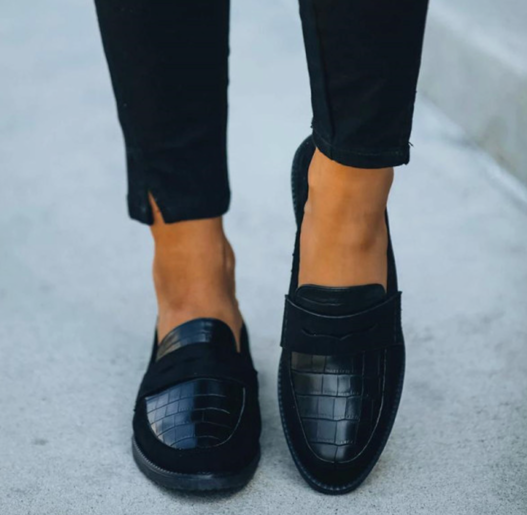 Women's Black Textured Loafers | Classic Slip-On Flats for Effortless Elegance | Office to Evening Footwear | All-Day Comfort Low Heel Shoes | Koossa