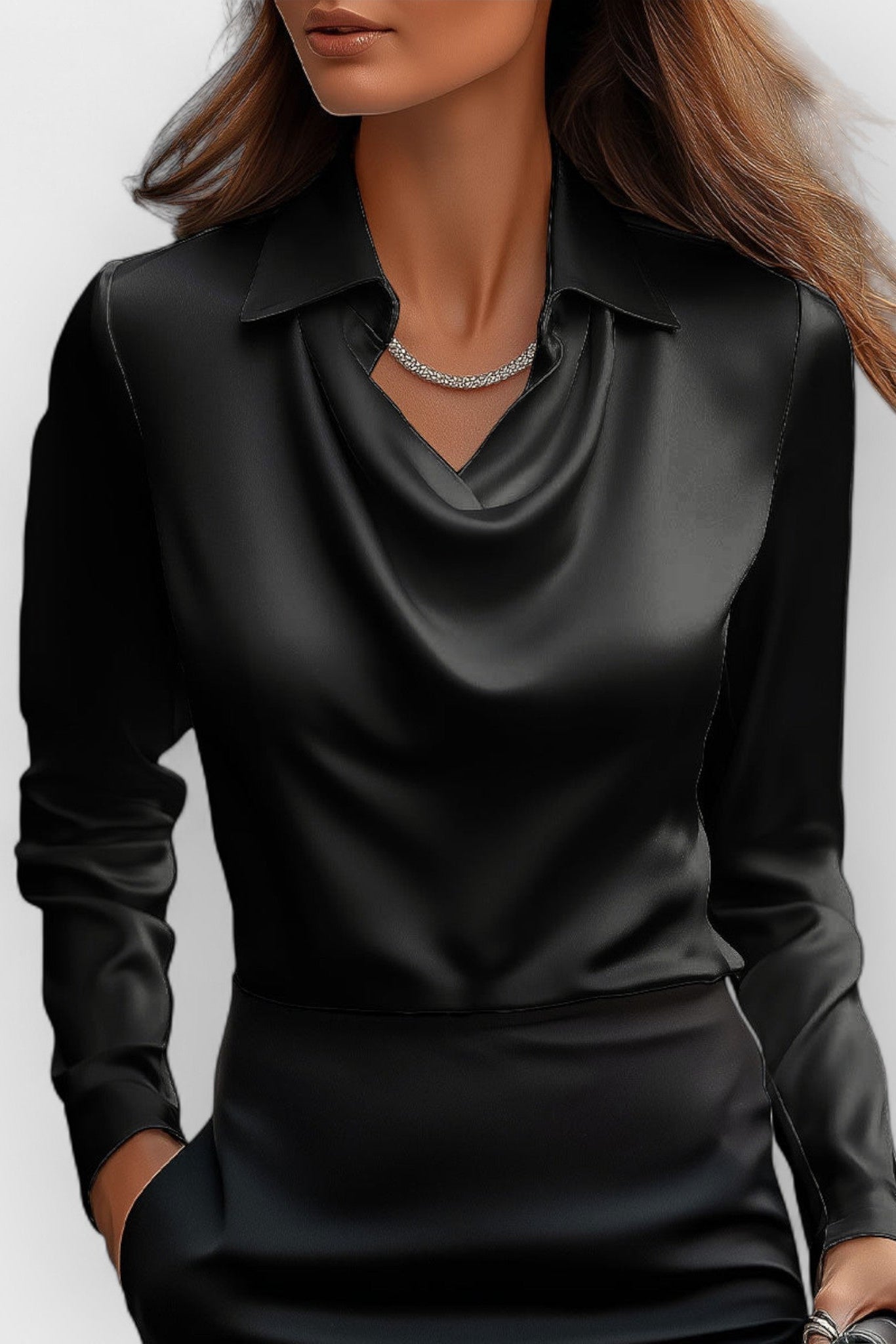 Collared Drape Neck Blouse in Lightweight Weave for Office and Evening | Women's Long Sleeve Smart Top with Elegant Neckline Detail | Koossa