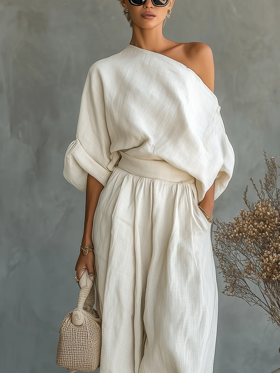 Women's Off-Shoulder Co-ord Set in Off-White Cotton Blend for Relaxed Summer Days and Casual Weekend Outings | Koossa
