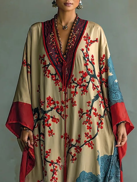 Women's Plum Blossom Print Maxi Dress with Batwing Sleeves in Red | Flowing Eastern-Inspired Dress with Pockets | Koossa