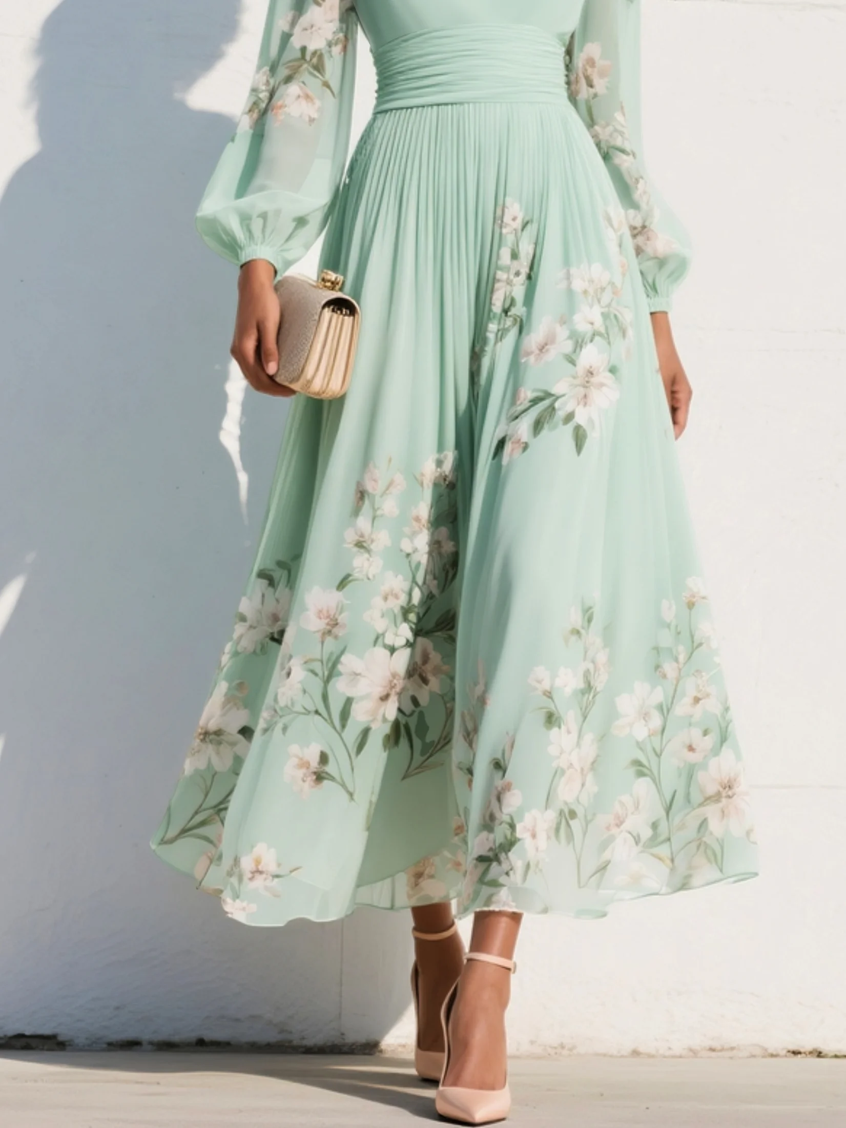 V-Neck Chiffon Midi Dress with Floral Embroidery in Light Green for Garden Parties Weddings Summer Occasions | Koossa