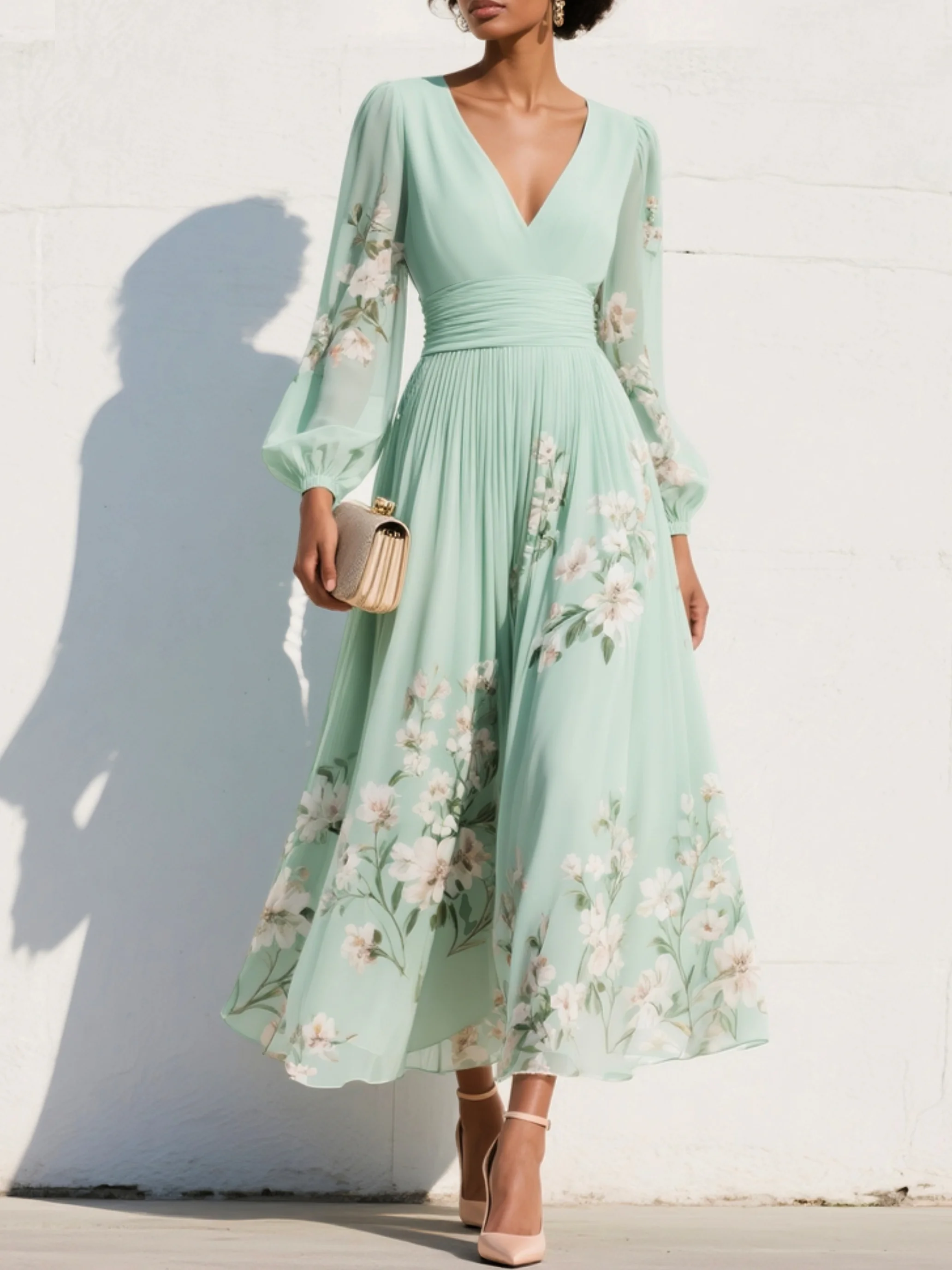 V-Neck Chiffon Midi Dress with Floral Embroidery in Light Green for Garden Parties Weddings Summer Occasions | Koossa