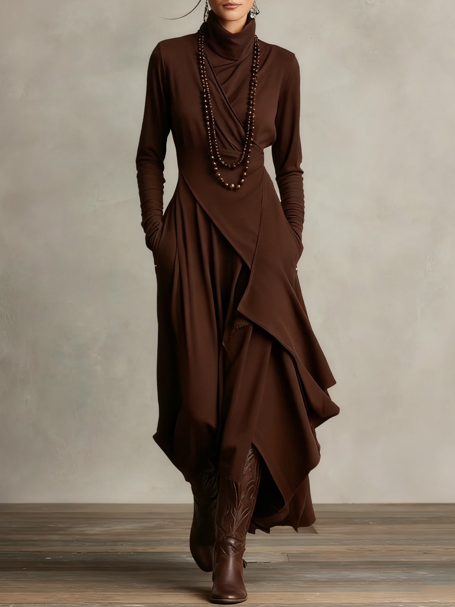 Women's Layered High Neck Maxi Dress in Flowing Chiffon for Formal Occasions and Elegant Daywear | Koossa