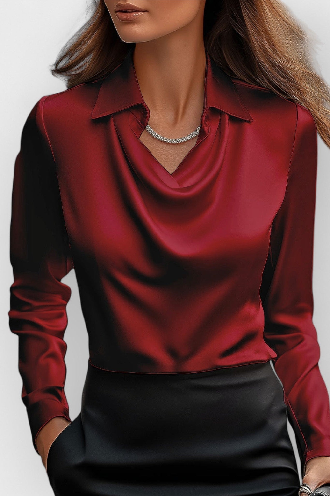 Collared Drape Neck Blouse in Lightweight Weave for Office and Evening | Women's Long Sleeve Smart Top with Elegant Neckline Detail | Koossa