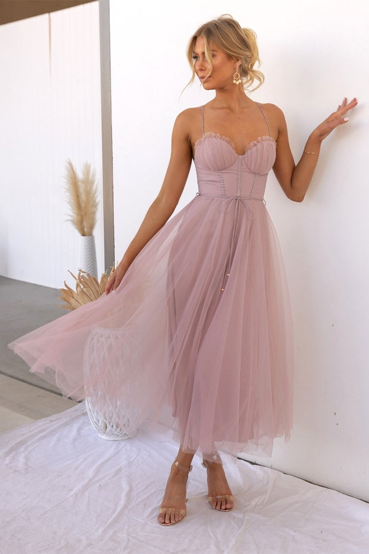 Corset Bodice Midi Dress with Adjustable Spaghetti Straps and Layered Overlay Skirt for Evening Occasions Christmas Parties Formal Dinners Celebrations | Koossa