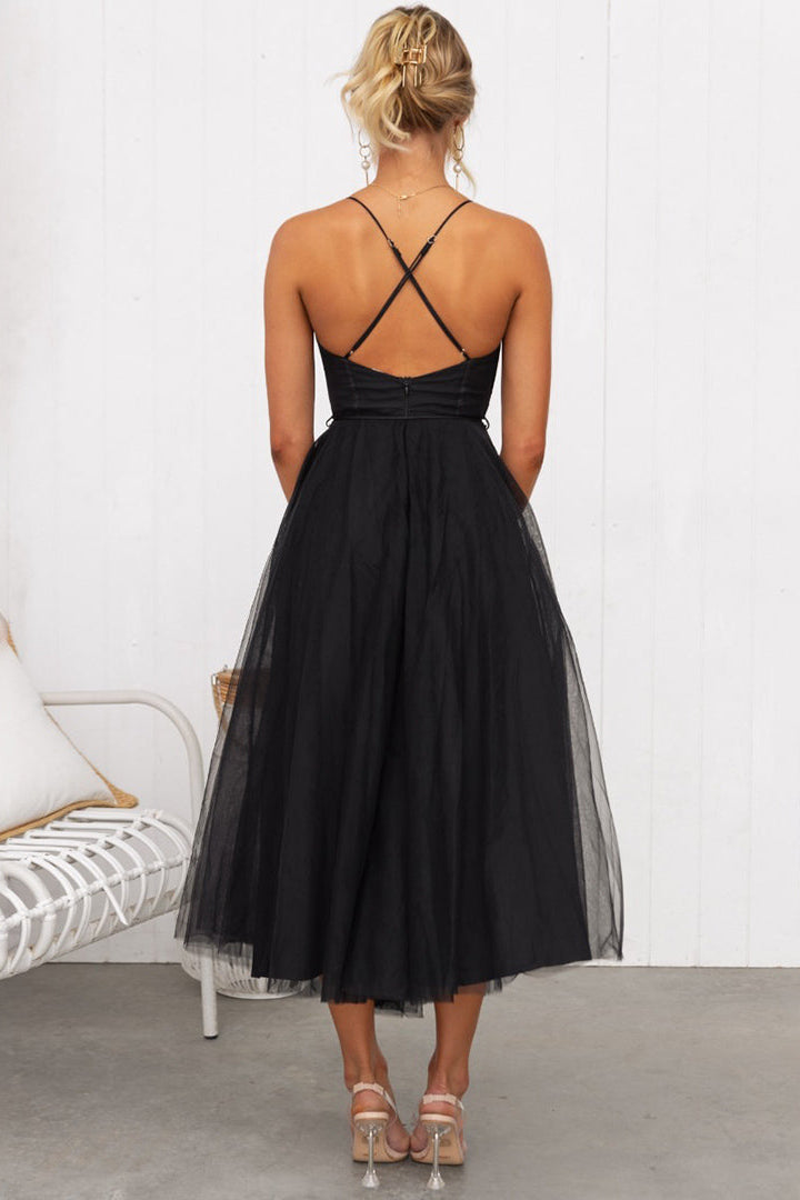 Corset Bodice Midi Dress with Adjustable Spaghetti Straps and Layered Overlay Skirt for Evening Occasions Christmas Parties Formal Dinners Celebrations | Koossa