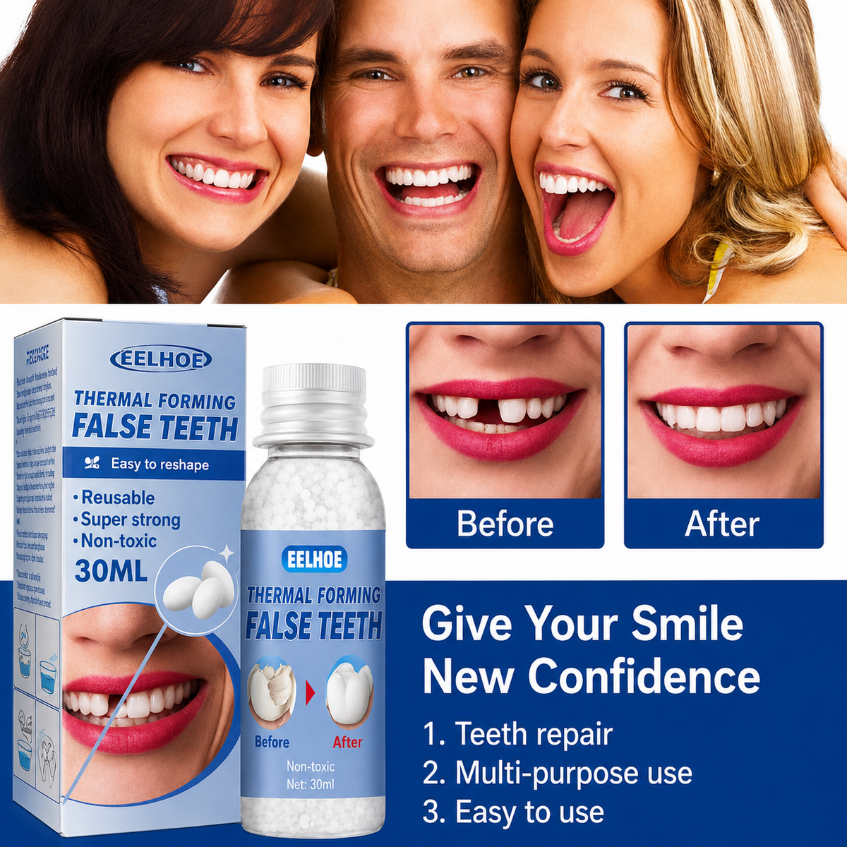 Temporary Tooth Repair Kit for Chipped and Missing Teeth, Moldable Resin Filler, Natural White Cosmetic Dental Fix for Adults & Seniors | Lonoma