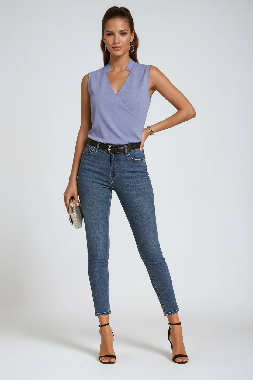 Sleeveless V-Neck Blouse in White, Blue, Black & Floral – Elegant Layering Essential for Work and Weekends | Koossa