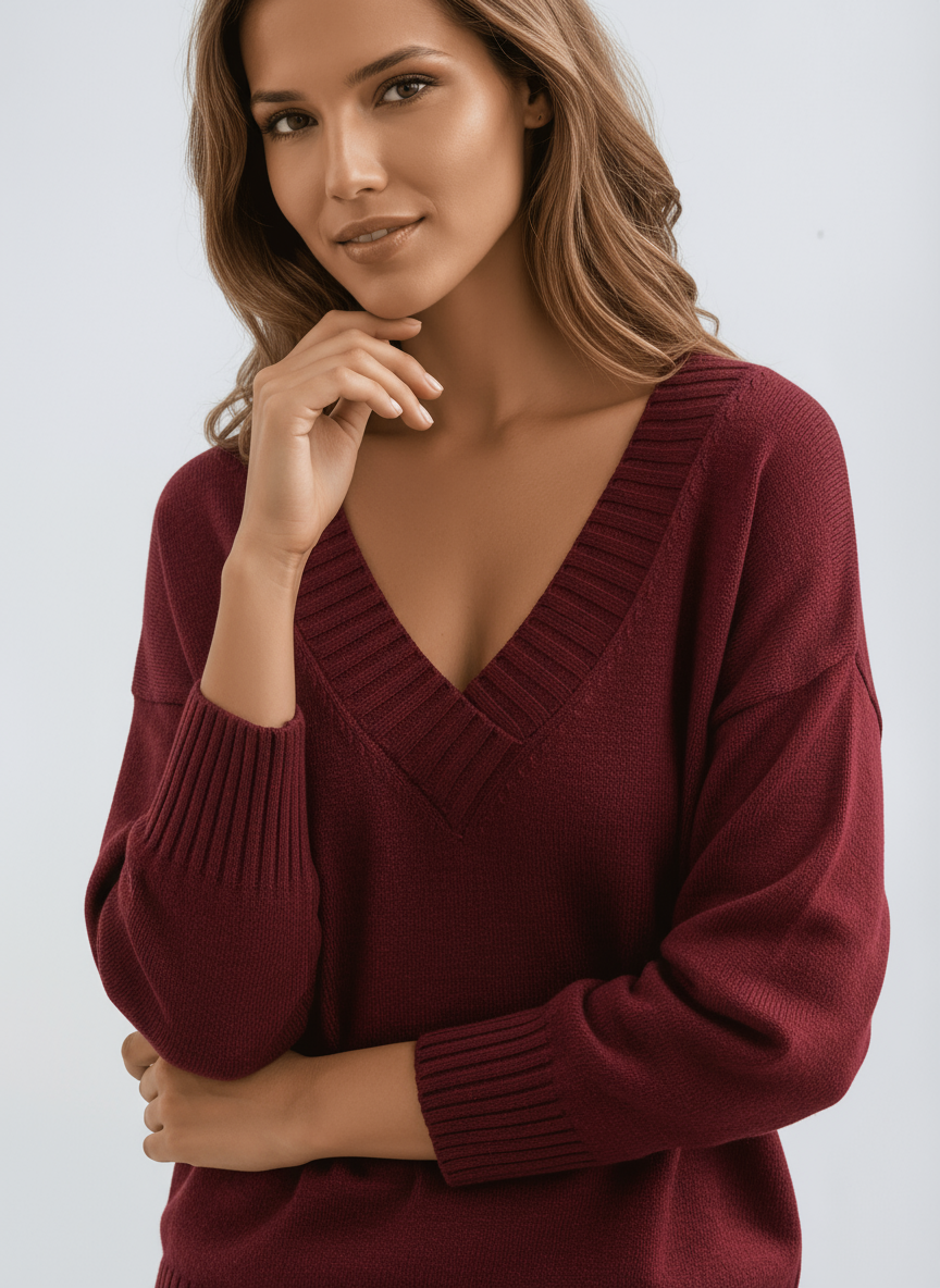 Women's V-Neck Jumper in Soft Knit Fabric Classic Relaxed Fit Versatile Layering Piece for Office and Weekend Wear Elegant Feminine Neckline with Ribbed Trims | Koossa