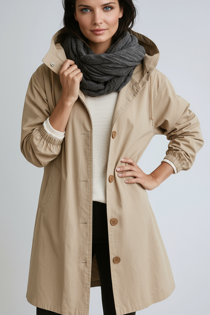 Women's Waterproof Long Trench Coat with Adjustable Hood — Classic Rain Coat for City & Country | Koossa