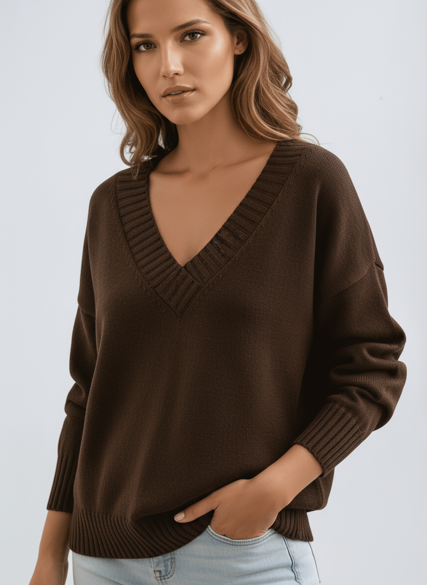Women's V-Neck Jumper in Soft Knit Fabric Classic Relaxed Fit Versatile Layering Piece for Office and Weekend Wear Elegant Feminine Neckline with Ribbed Trims | Koossa