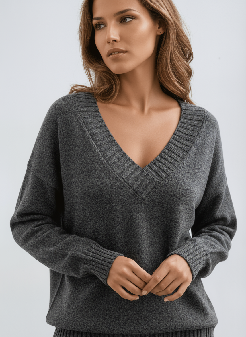 Women's V-Neck Jumper in Soft Knit Fabric Classic Relaxed Fit Versatile Layering Piece for Office and Weekend Wear Elegant Feminine Neckline with Ribbed Trims | Koossa