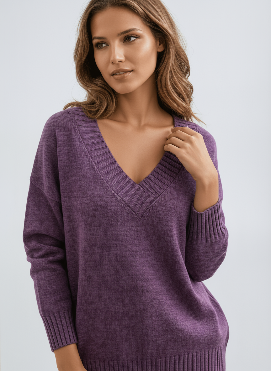 Women's V-Neck Jumper in Soft Knit Fabric Classic Relaxed Fit Versatile Layering Piece for Office and Weekend Wear Elegant Feminine Neckline with Ribbed Trims | Koossa