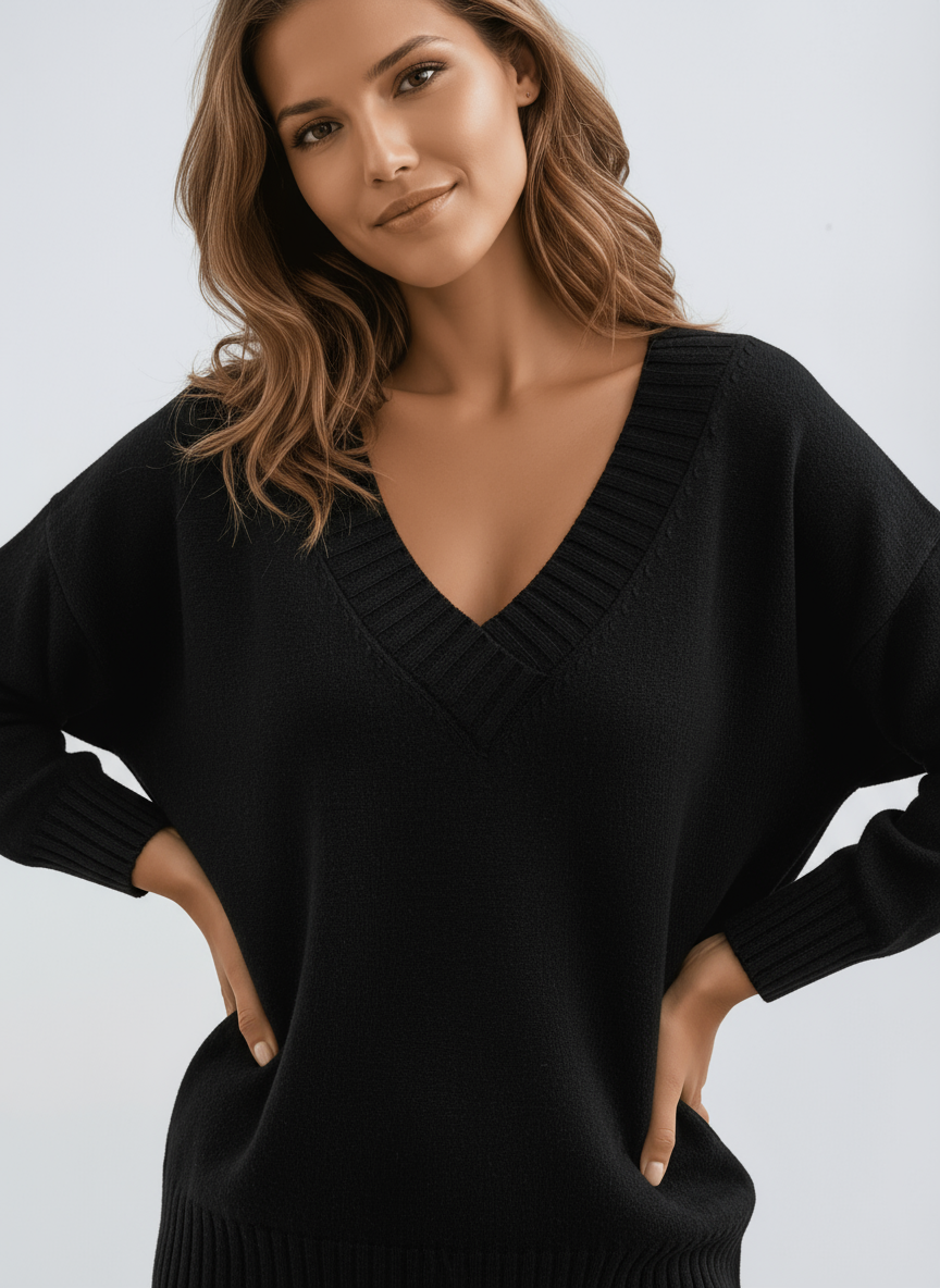 Women's V-Neck Jumper in Soft Knit Fabric Classic Relaxed Fit Versatile Layering Piece for Office and Weekend Wear Elegant Feminine Neckline with Ribbed Trims | Koossa
