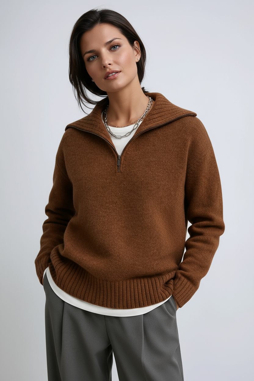 Half-Zip Knitted Jumper – High Neck Soft Chunky Knit Relaxed Fit Grey White Brown | Koossa