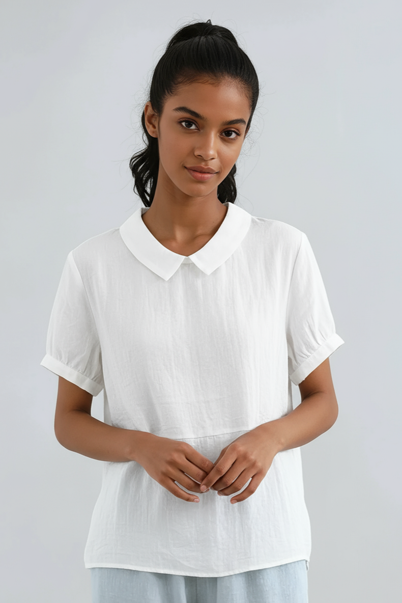 Rounded Collar Blouse in Lightweight Fabric Grey Light Blue White Pink | Koossa