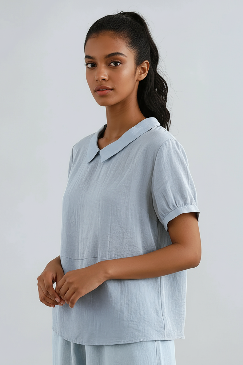 Rounded Collar Blouse in Lightweight Fabric Grey Light Blue White Pink | Koossa