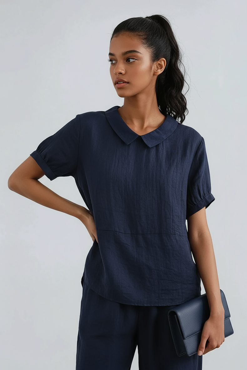 Rounded Collar Blouse in Lightweight Fabric Grey Light Blue White Pink | Koossa