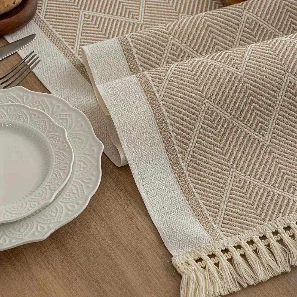 Woven Table Runner 14 × 47 inch with Zigzag Pattern and Fringed Ends for Dining Room, Coffee Table, Dresser | Lonoma