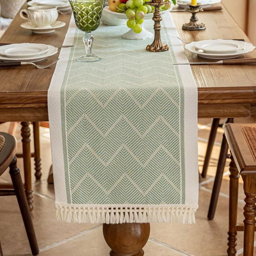 Woven Table Runner 14 × 47 inch with Zigzag Pattern and Fringed Ends for Dining Room, Coffee Table, Dresser | Lonoma