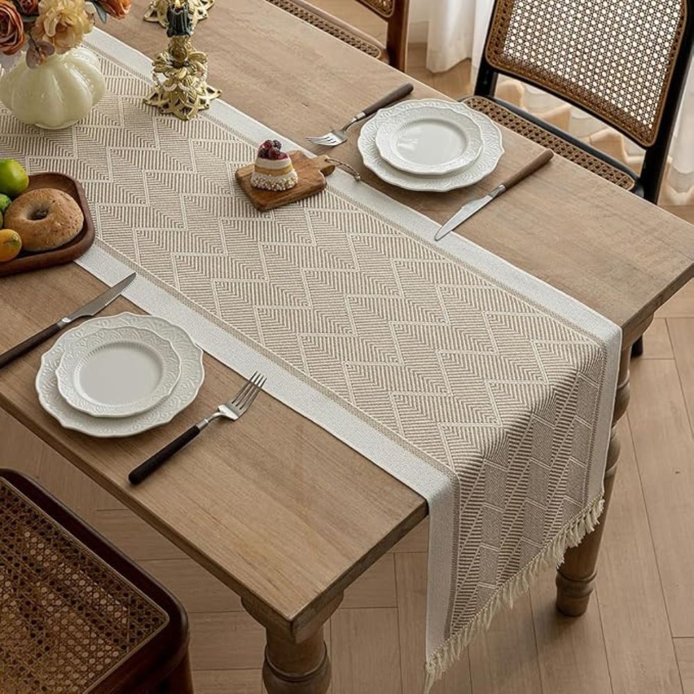 Woven Table Runner 14 × 47 inch with Zigzag Pattern and Fringed Ends for Dining Room, Coffee Table, Dresser | Lonoma