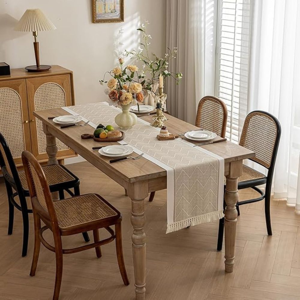Woven Table Runner 14 × 47 inch with Zigzag Pattern and Fringed Ends for Dining Room, Coffee Table, Dresser | Lonoma