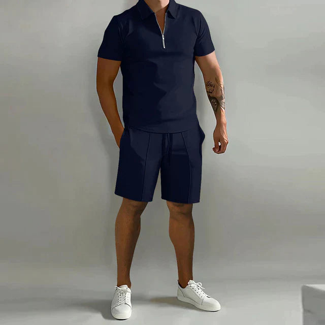 Men's Zip Collar Polo and Drawstring Shorts Two-Piece Set in Six Classic Colours for Relaxed Summer Days and Casual Weekend Styling | Koossa